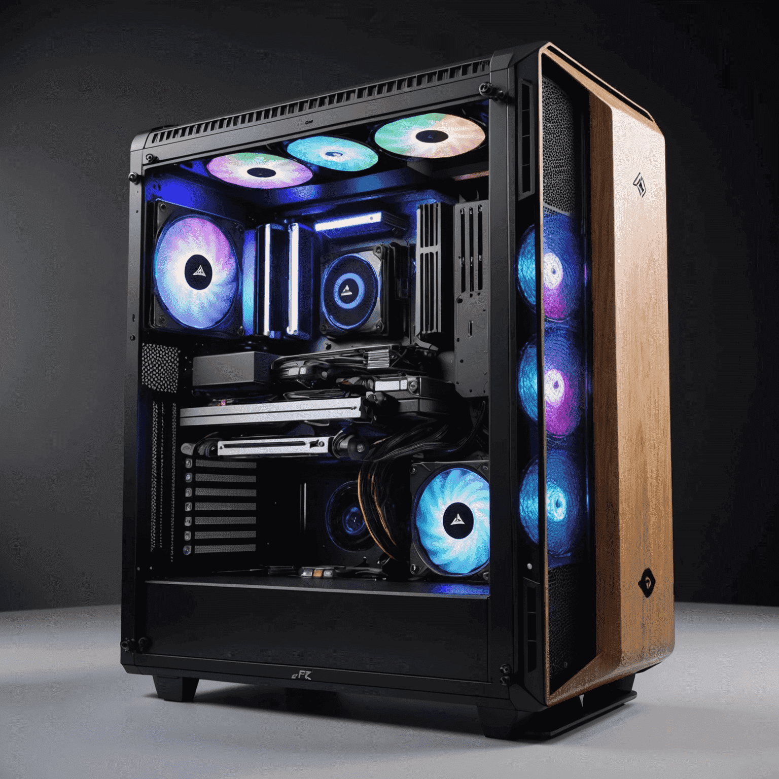 A high-end gaming PC with visible cooling components including a large air cooler on the CPU and case fans with RGB lighting